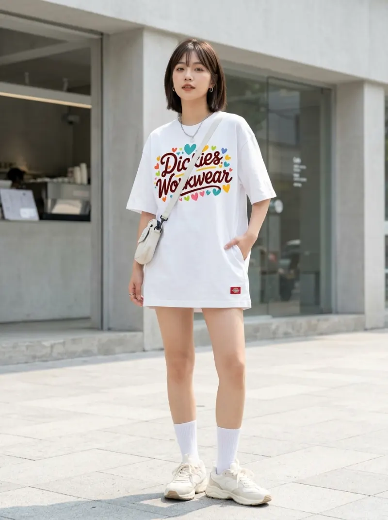 女模特穿这件宽松印花T恤当裙装，韩系街拍