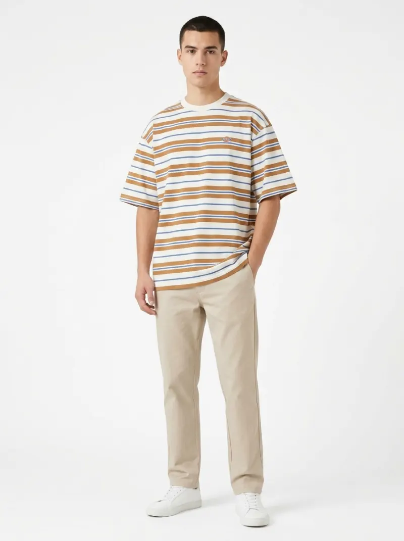 男模特穿这件条纹T恤，白底影棚全身主图